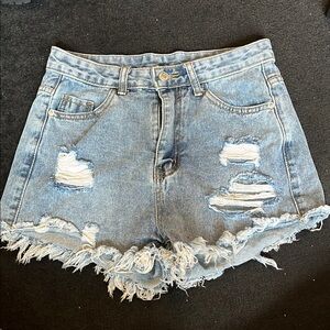 SHEIN Blue Distressed Jean Shorts with Frayed Hem